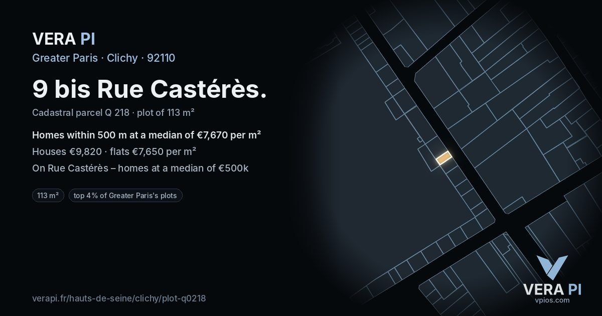 9 bis Rue Castérès, Clichy at night – the plot lit, the parcels around coloured by the prices near them