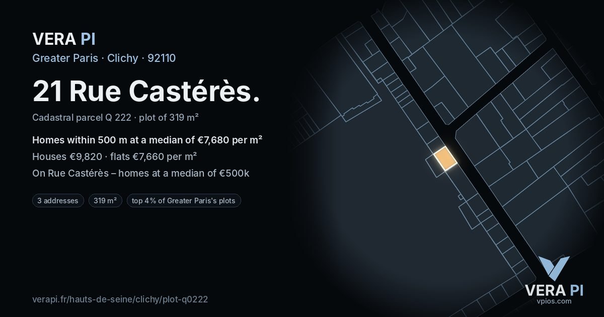 21 Rue Castérès, Clichy at night – the plot lit, the parcels around coloured by the prices near them