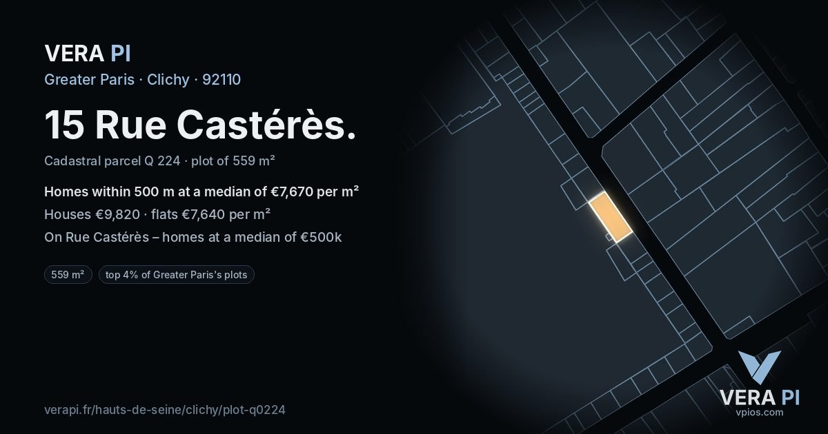 15 Rue Castérès, Clichy at night – the plot lit, the parcels around coloured by the prices near them