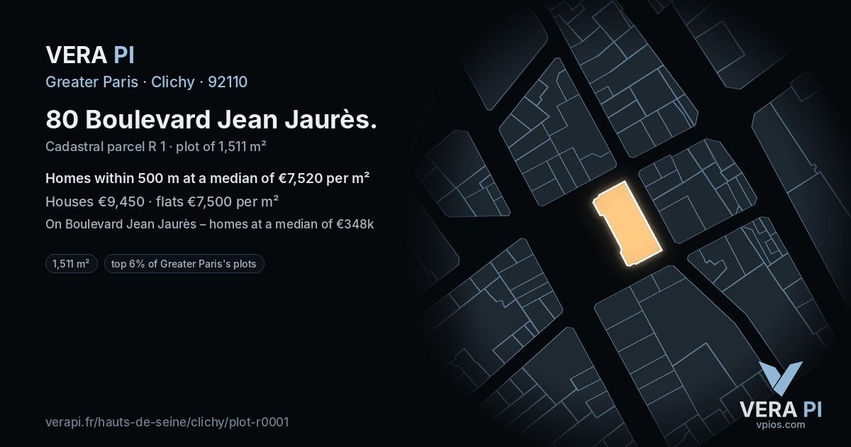 80 Boulevard Jean Jaurès, Clichy at night – the plot lit, the parcels around coloured by the prices near them