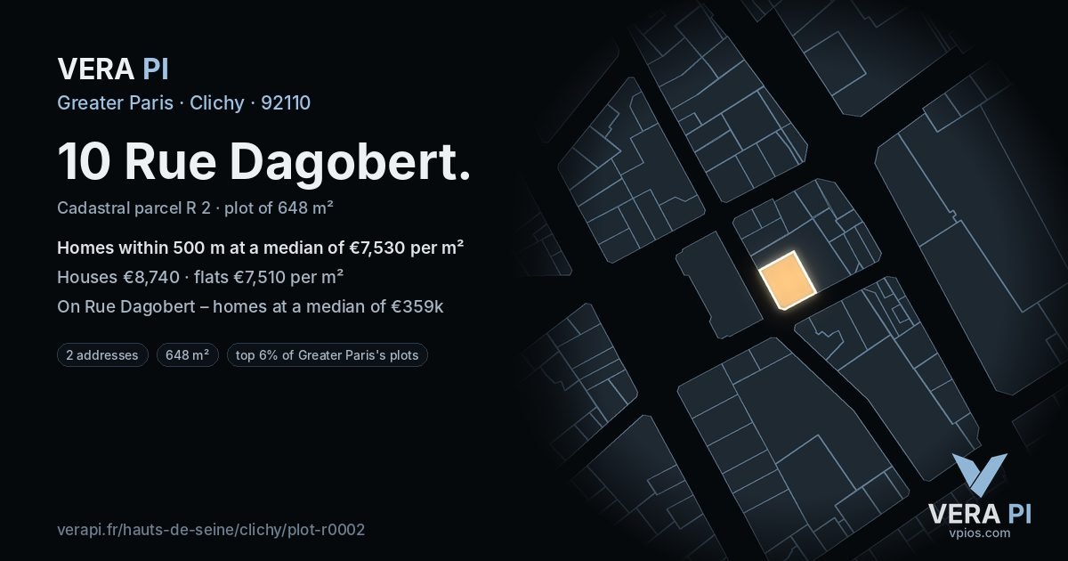 10 Rue Dagobert, Clichy at night – the plot lit, the parcels around coloured by the prices near them