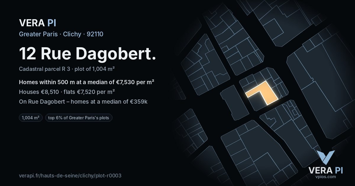 12 Rue Dagobert, Clichy at night – the plot lit, the parcels around coloured by the prices near them