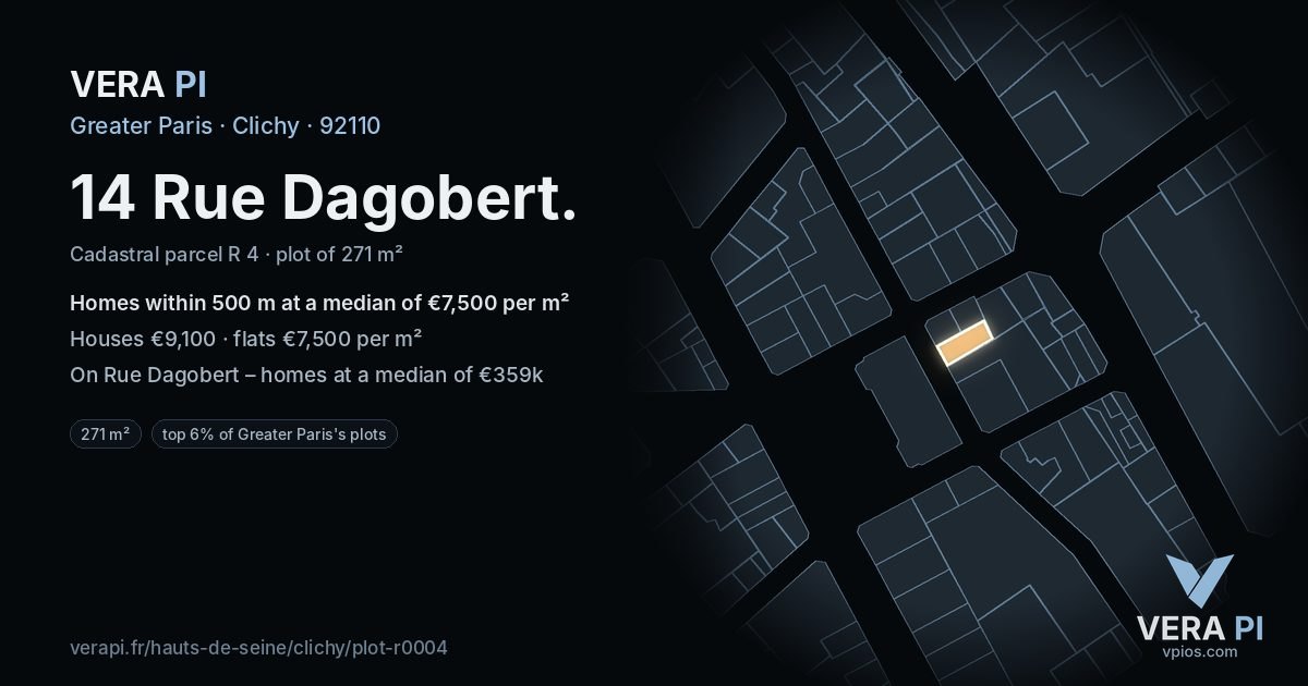 14 Rue Dagobert, Clichy at night – the plot lit, the parcels around coloured by the prices near them