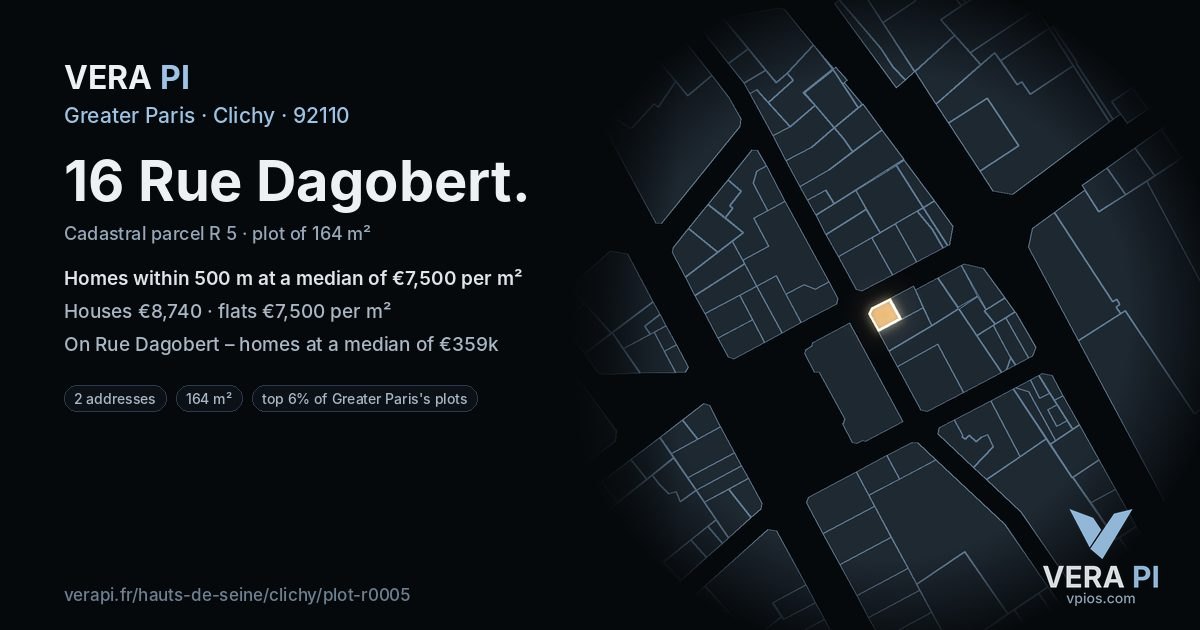 16 Rue Dagobert, Clichy at night – the plot lit, the parcels around coloured by the prices near them