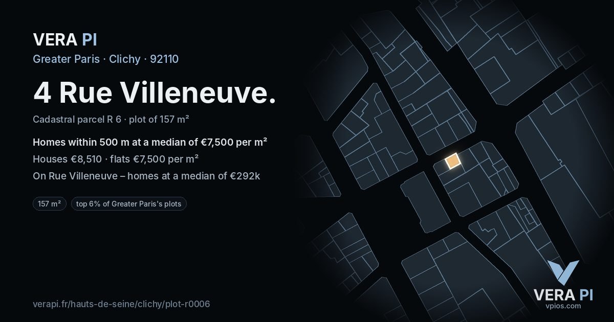 4 Rue Villeneuve, Clichy at night – the plot lit, the parcels around coloured by the prices near them