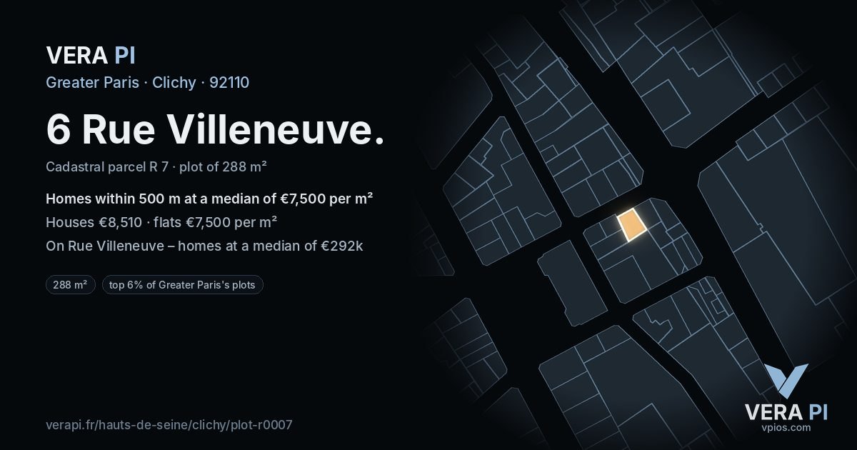 6 Rue Villeneuve, Clichy at night – the plot lit, the parcels around coloured by the prices near them