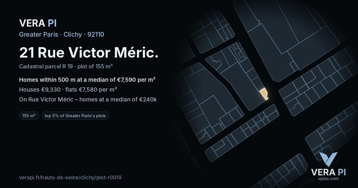 21 Rue Victor Méric, Clichy at night – the plot lit, the parcels around coloured by the prices near them