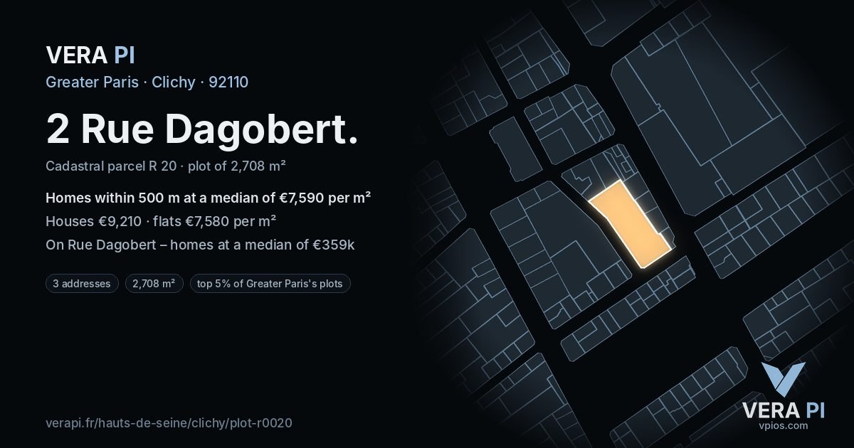 2 Rue Dagobert, Clichy at night – the plot lit, the parcels around coloured by the prices near them