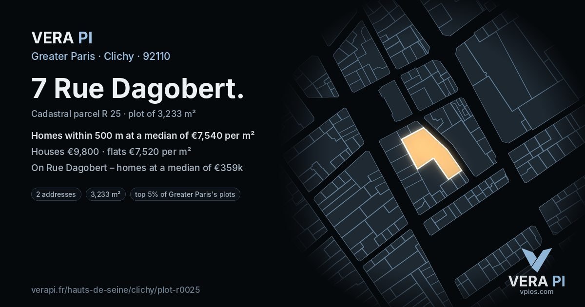 7 Rue Dagobert, Clichy at night – the plot lit, the parcels around coloured by the prices near them