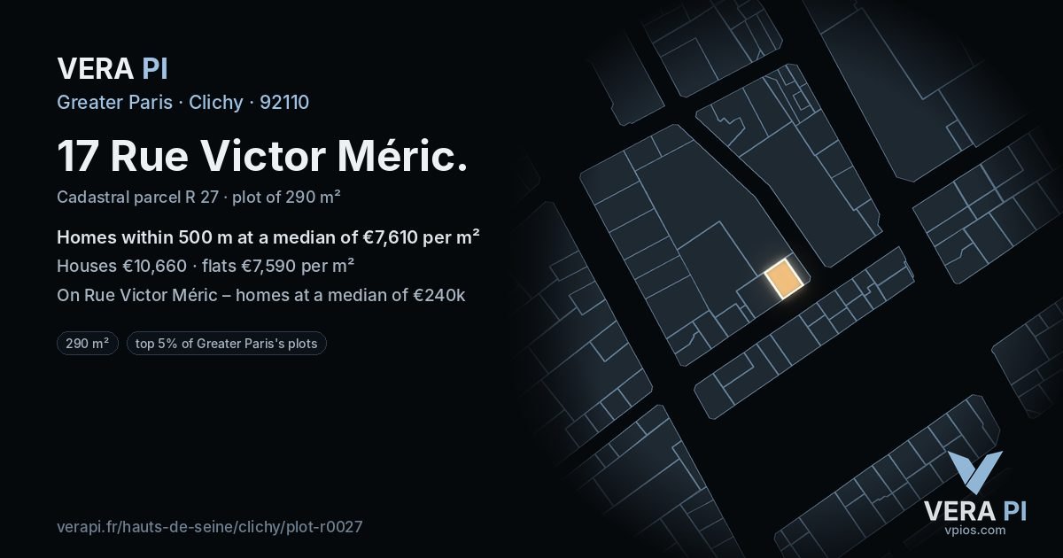 17 Rue Victor Méric, Clichy at night – the plot lit, the parcels around coloured by the prices near them