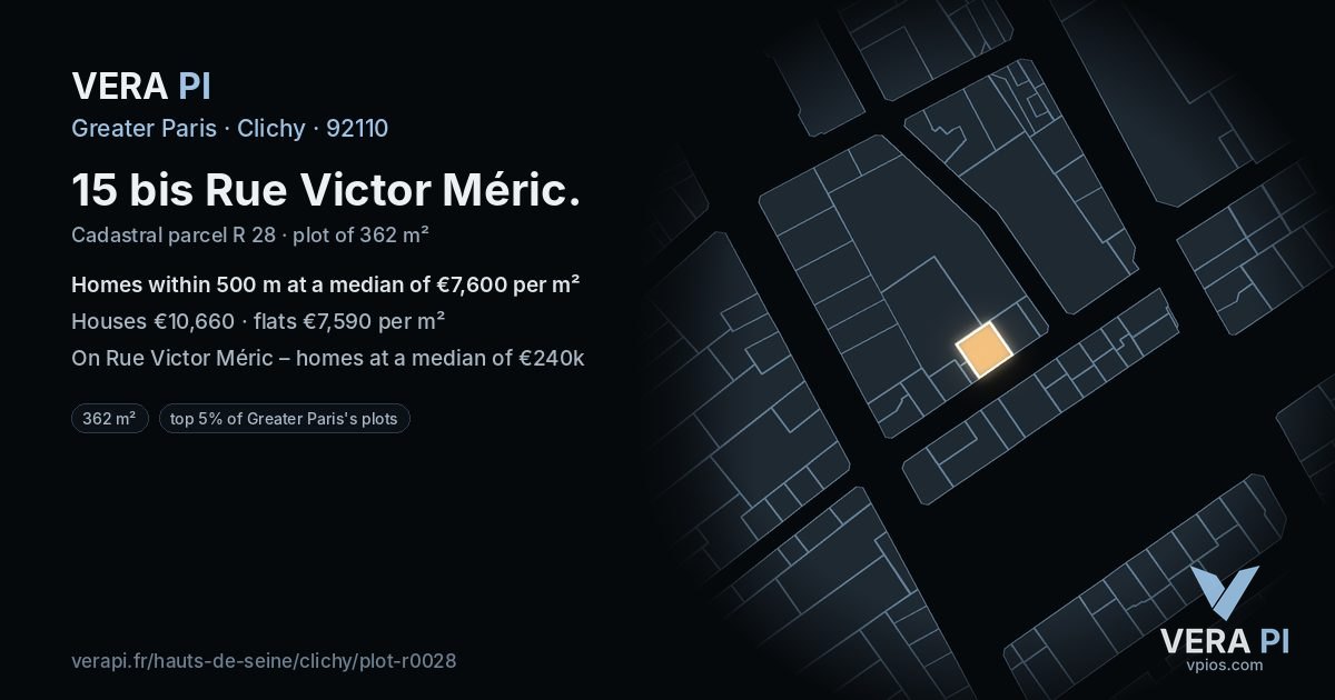 15 bis Rue Victor Méric, Clichy at night – the plot lit, the parcels around coloured by the prices near them