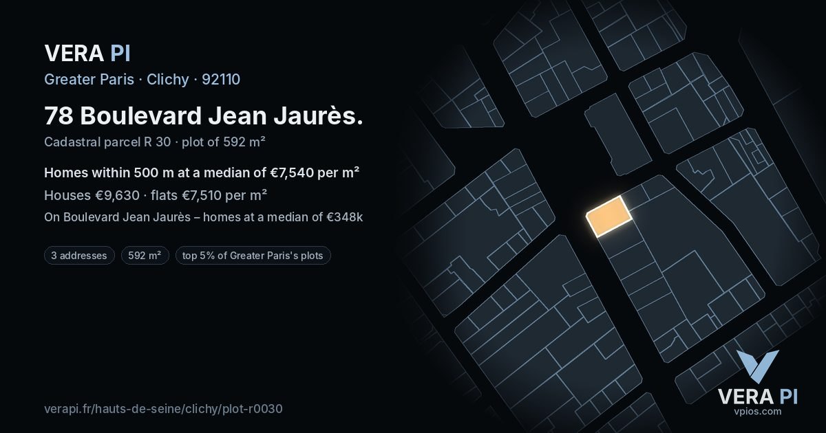 78 Boulevard Jean Jaurès, Clichy at night – the plot lit, the parcels around coloured by the prices near them