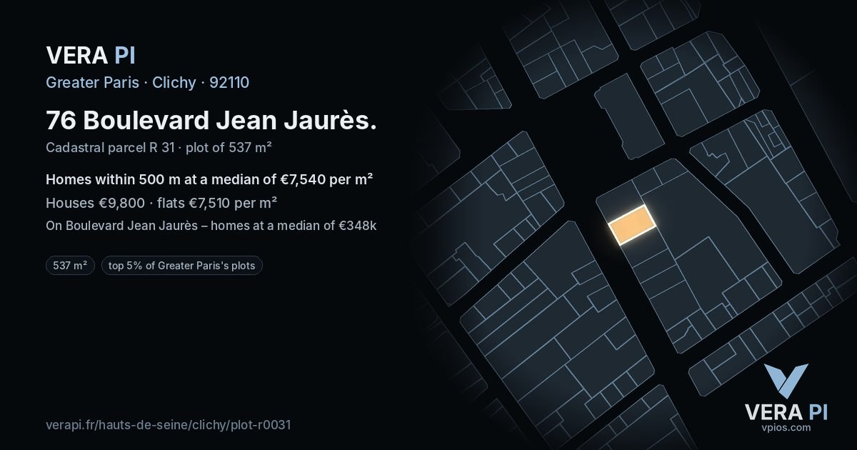 76 Boulevard Jean Jaurès, Clichy at night – the plot lit, the parcels around coloured by the prices near them