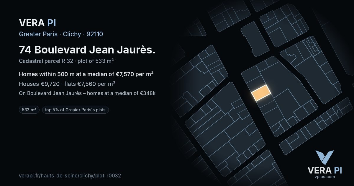 74 Boulevard Jean Jaurès, Clichy at night – the plot lit, the parcels around coloured by the prices near them