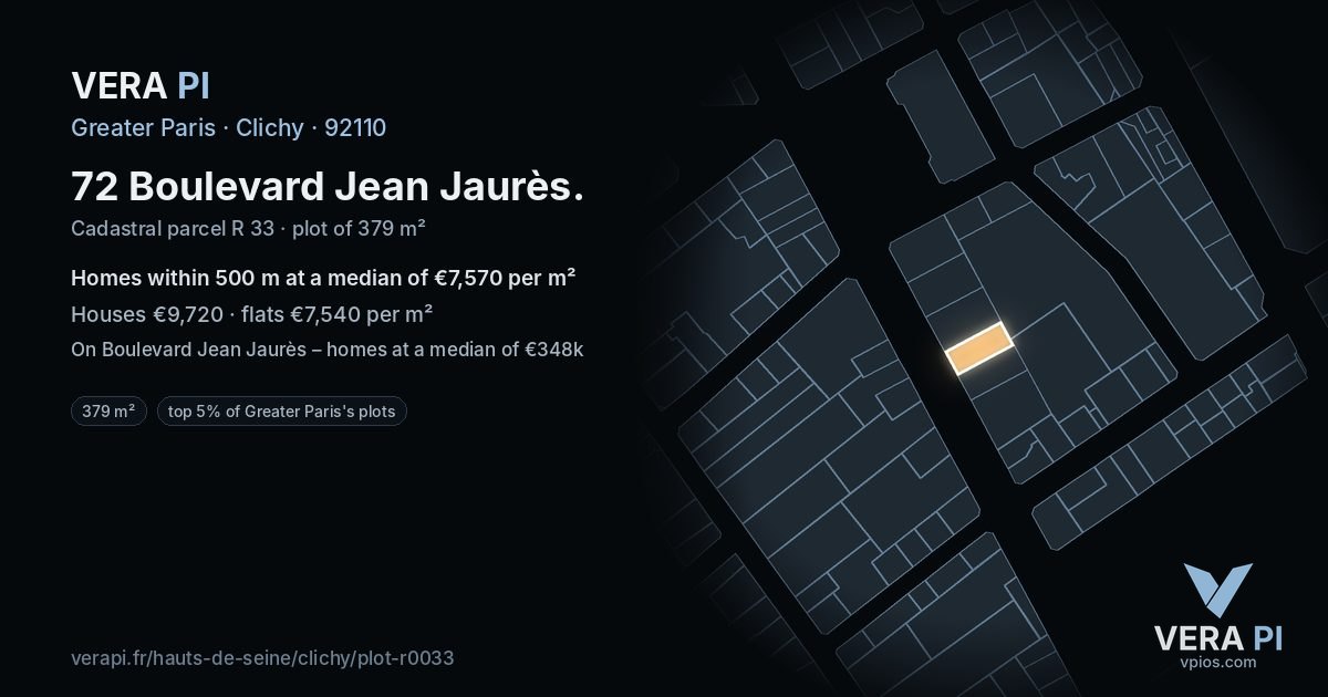 72 Boulevard Jean Jaurès, Clichy at night – the plot lit, the parcels around coloured by the prices near them