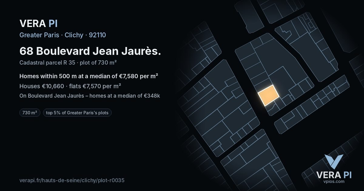 68 Boulevard Jean Jaurès, Clichy at night – the plot lit, the parcels around coloured by the prices near them