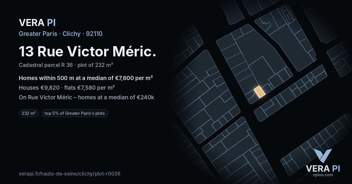 13 Rue Victor Méric, Clichy at night – the plot lit, the parcels around coloured by the prices near them