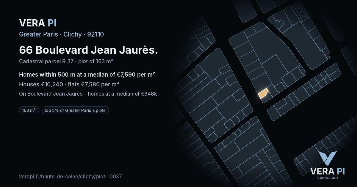 66 Boulevard Jean Jaurès, Clichy at night – the plot lit, the parcels around coloured by the prices near them
