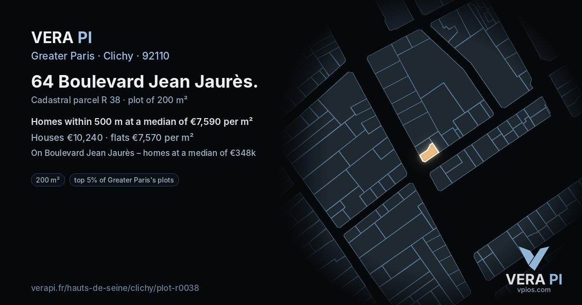 64 Boulevard Jean Jaurès, Clichy at night – the plot lit, the parcels around coloured by the prices near them