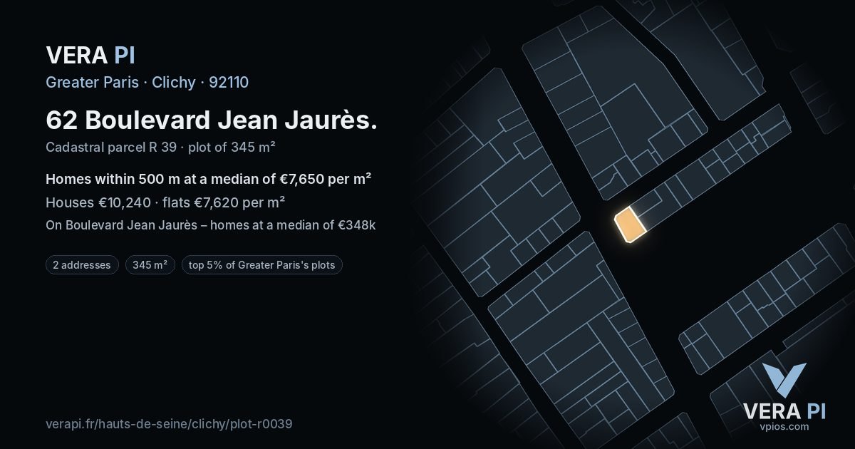 62 Boulevard Jean Jaurès, Clichy at night – the plot lit, the parcels around coloured by the prices near them