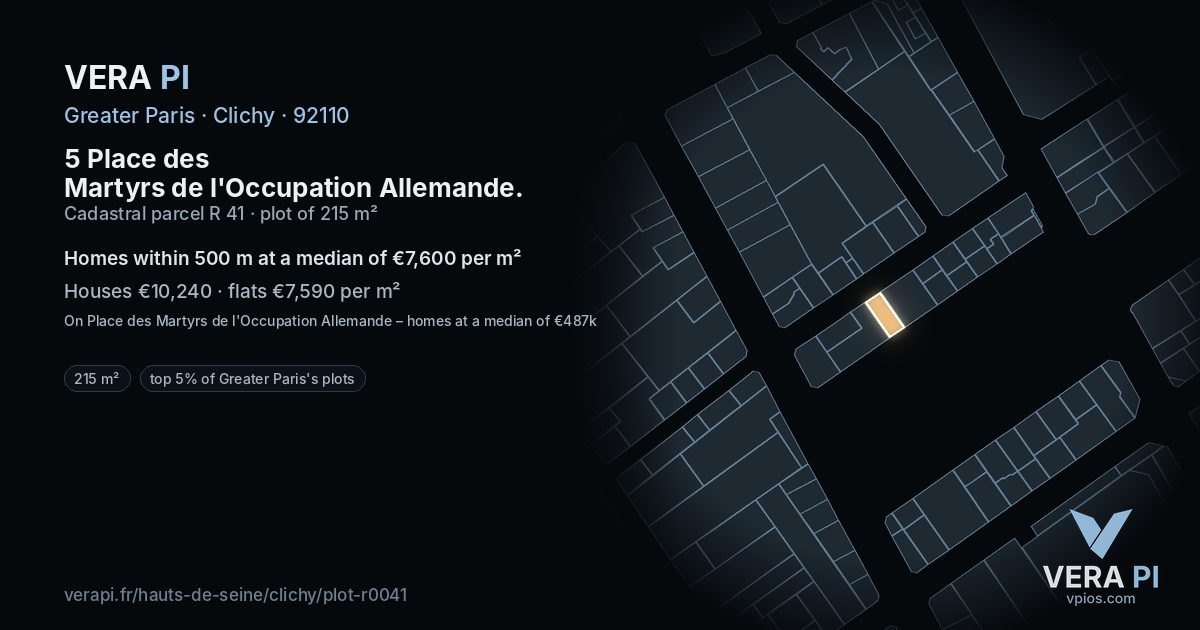 5 Place des Martyrs de l'Occupation Allemande, Clichy at night – the plot lit, the parcels around coloured by the prices near them
