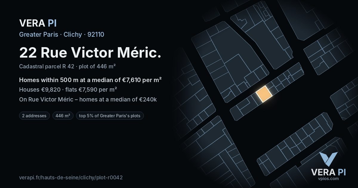 22 Rue Victor Méric, Clichy at night – the plot lit, the parcels around coloured by the prices near them