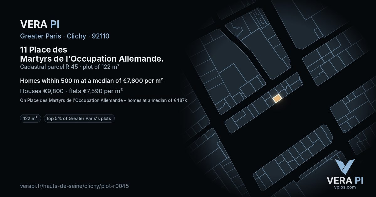 11 Place des Martyrs de l'Occupation Allemande, Clichy at night – the plot lit, the parcels around coloured by the prices near them