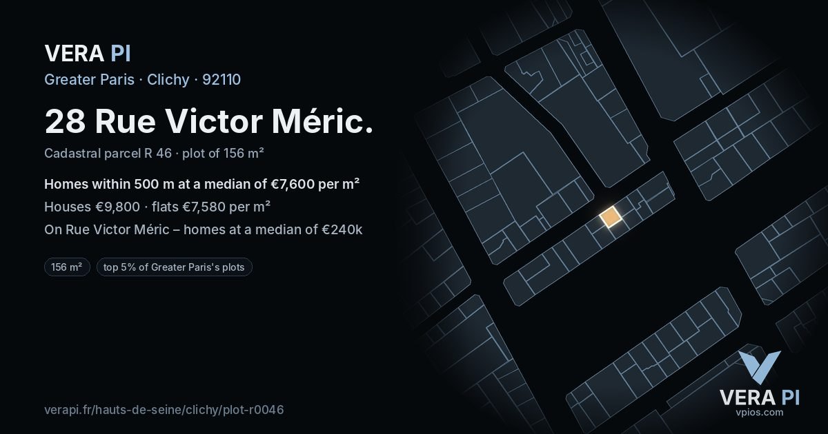 28 Rue Victor Méric, Clichy at night – the plot lit, the parcels around coloured by the prices near them
