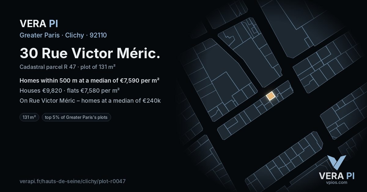 30 Rue Victor Méric, Clichy at night – the plot lit, the parcels around coloured by the prices near them