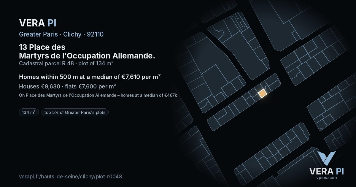 13 Place des Martyrs de l'Occupation Allemande, Clichy at night – the plot lit, the parcels around coloured by the prices near them