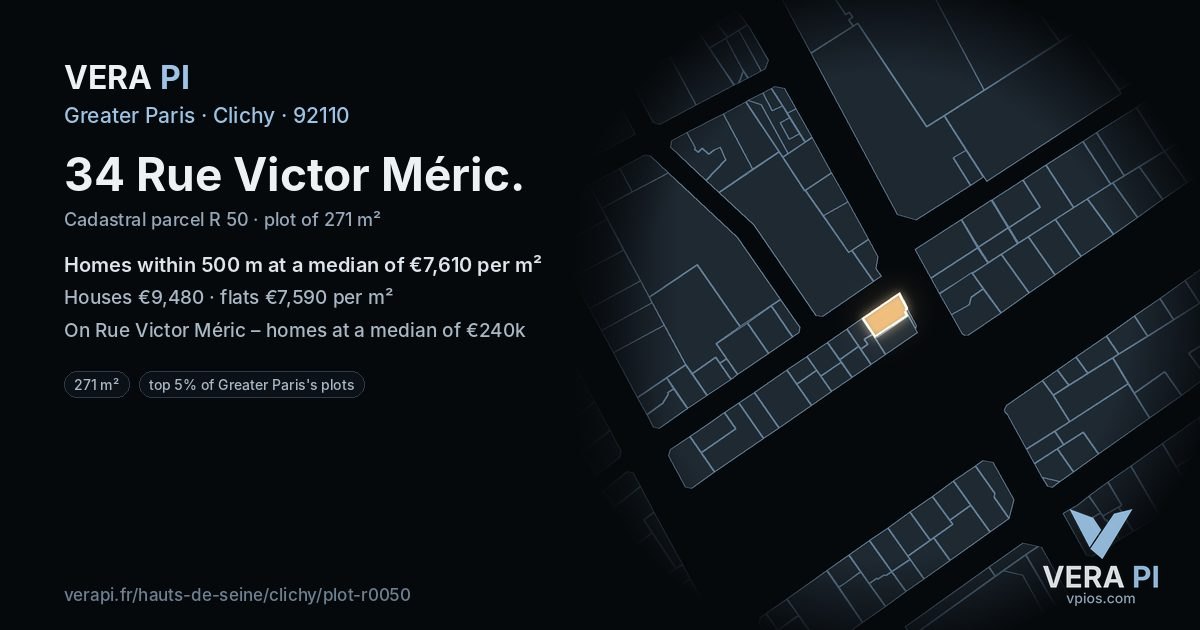 34 Rue Victor Méric, Clichy at night – the plot lit, the parcels around coloured by the prices near them