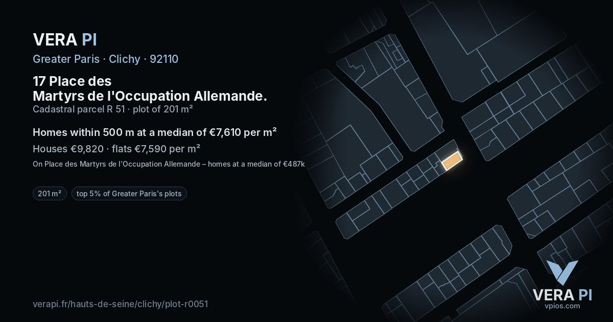 17 Place des Martyrs de l'Occupation Allemande, Clichy at night – the plot lit, the parcels around coloured by the prices near them