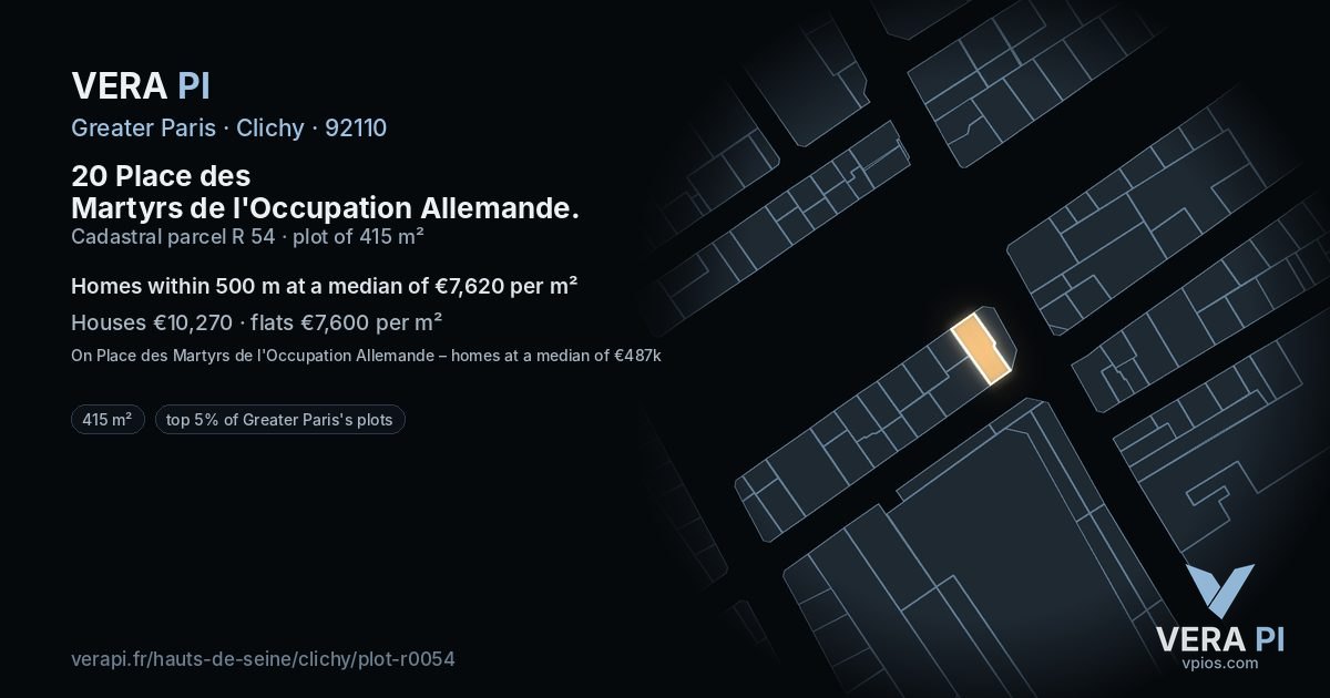 20 Place des Martyrs de l'Occupation Allemande, Clichy at night – the plot lit, the parcels around coloured by the prices near them