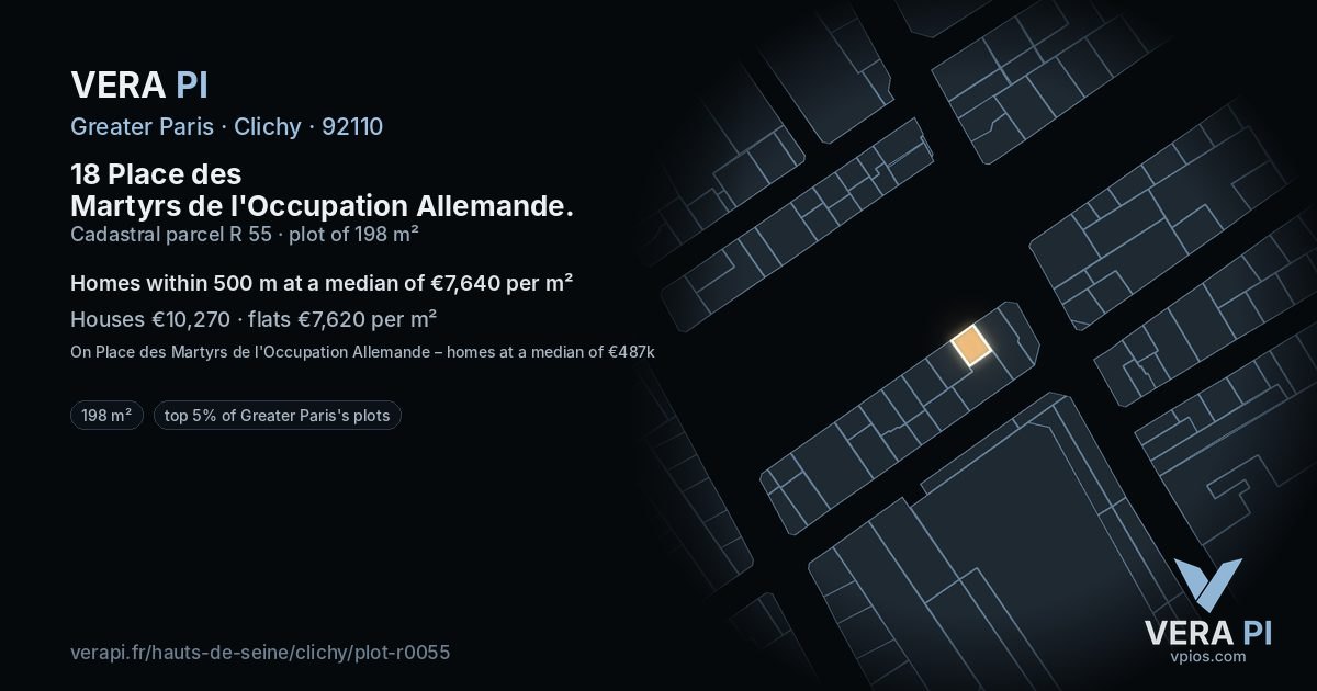 18 Place des Martyrs de l'Occupation Allemande, Clichy at night – the plot lit, the parcels around coloured by the prices near them