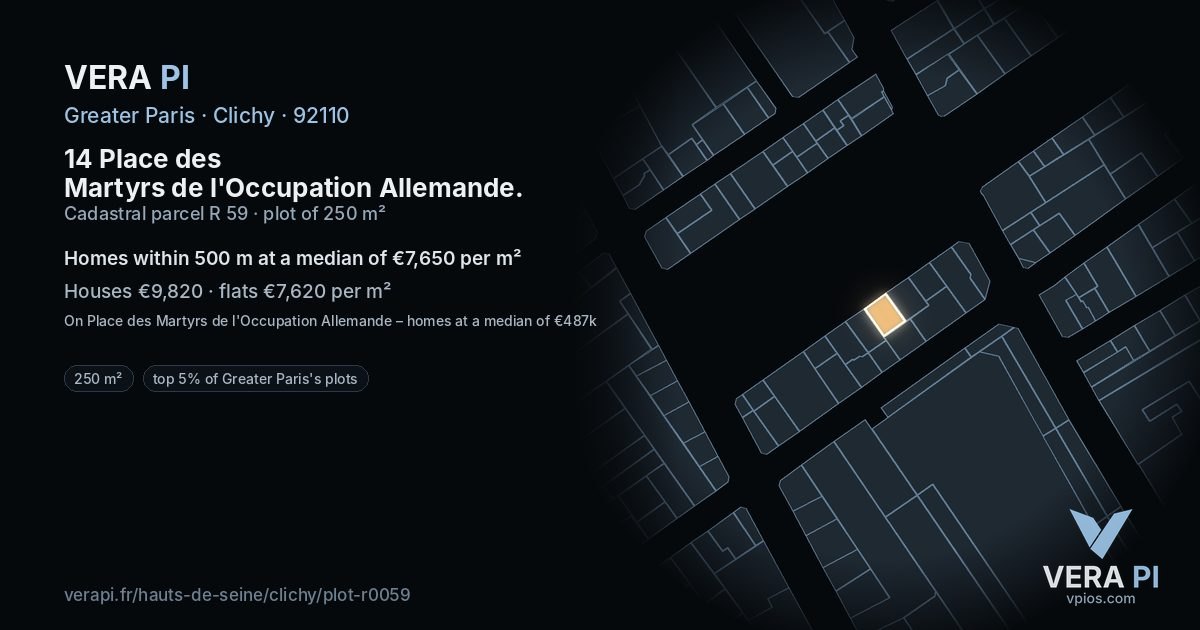 14 Place des Martyrs de l'Occupation Allemande, Clichy at night – the plot lit, the parcels around coloured by the prices near them