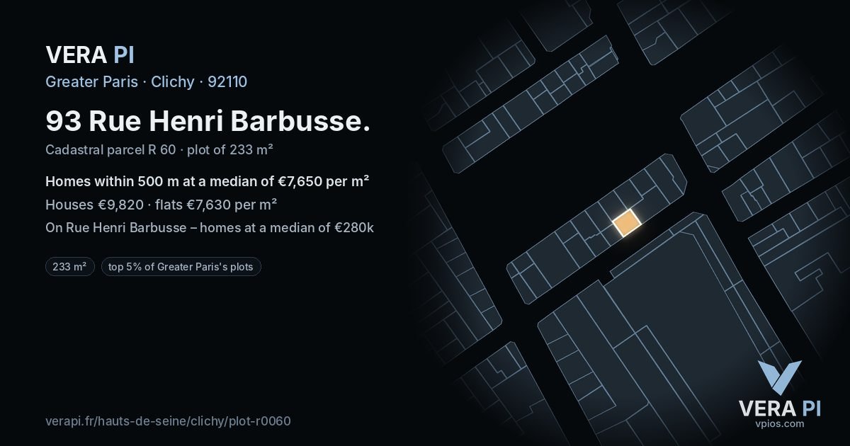 93 Rue Henri Barbusse, Clichy at night – the plot lit, the parcels around coloured by the prices near them