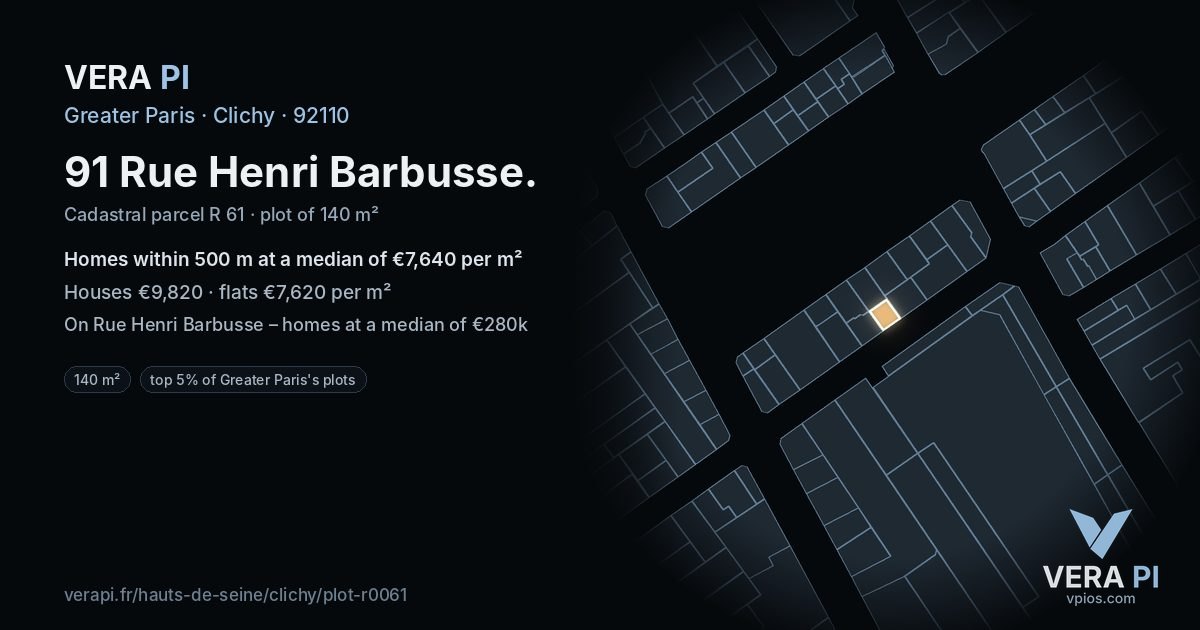 91 Rue Henri Barbusse, Clichy at night – the plot lit, the parcels around coloured by the prices near them