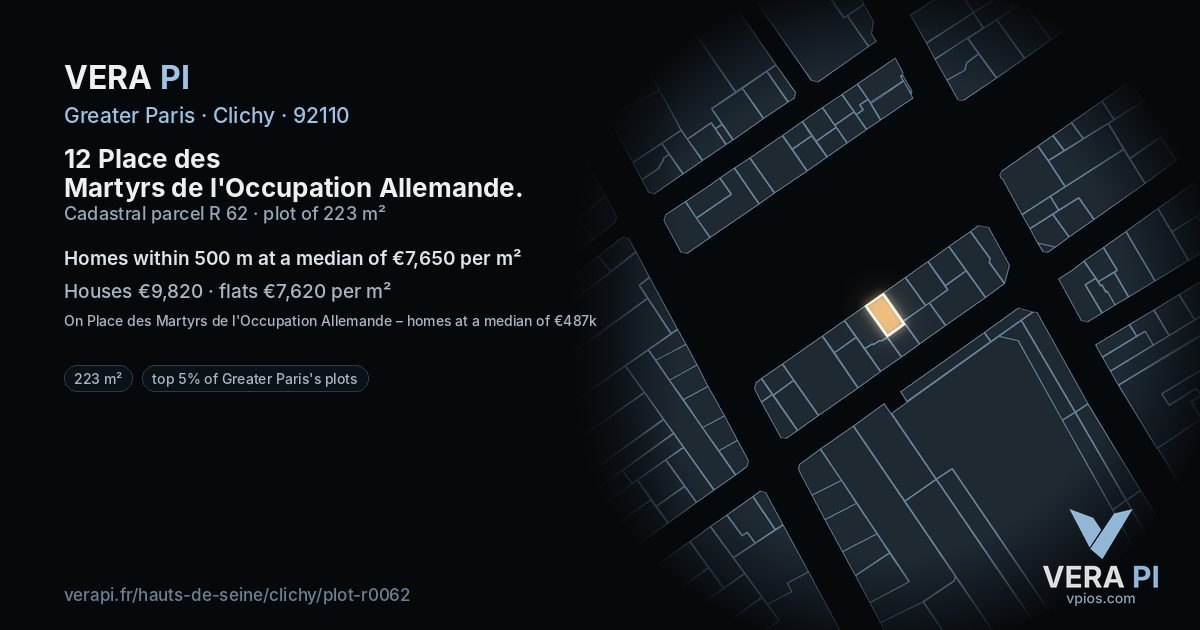 12 Place des Martyrs de l'Occupation Allemande, Clichy at night – the plot lit, the parcels around coloured by the prices near them