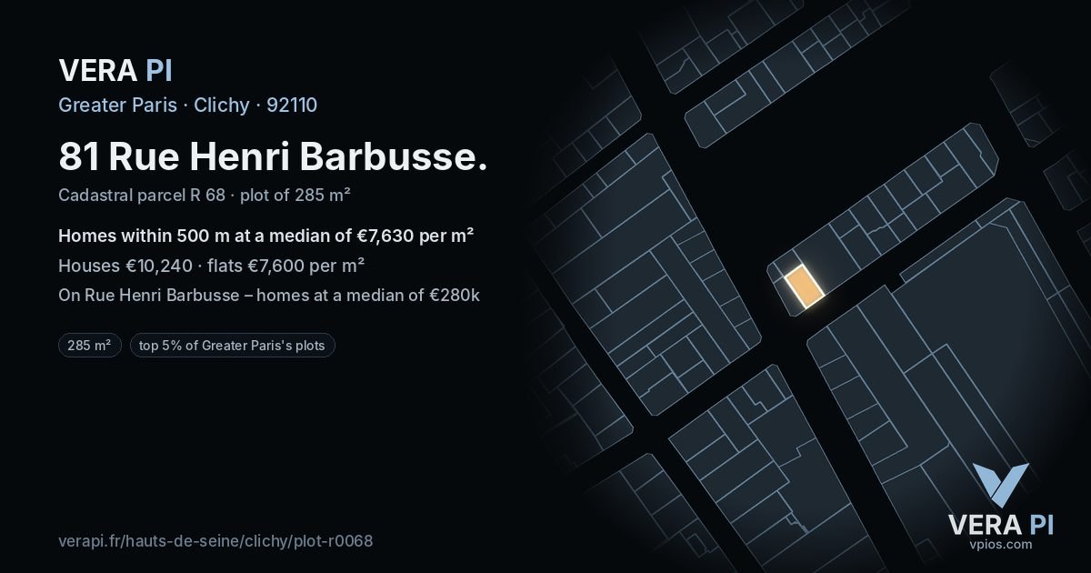 81 Rue Henri Barbusse, Clichy at night – the plot lit, the parcels around coloured by the prices near them