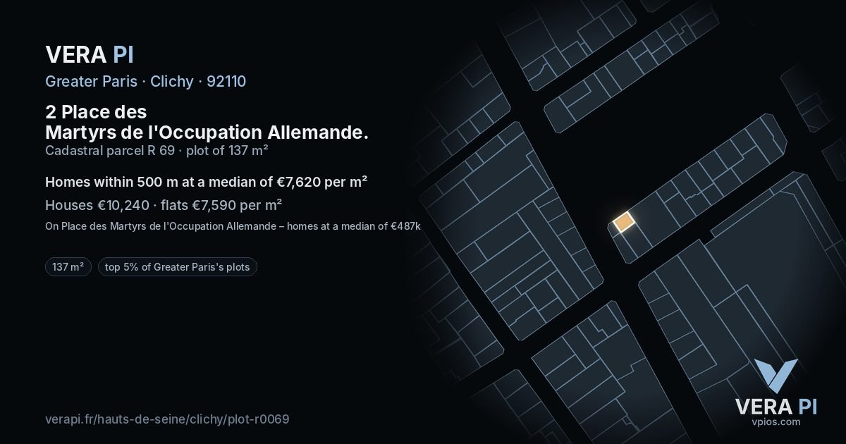 2 Place des Martyrs de l'Occupation Allemande, Clichy at night – the plot lit, the parcels around coloured by the prices near them