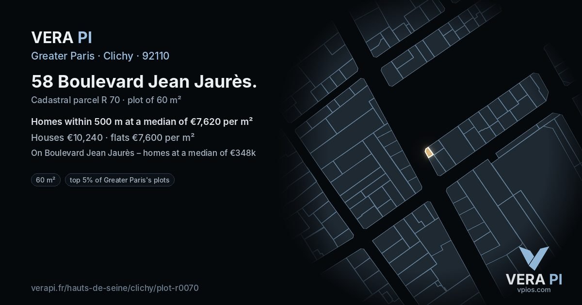 58 Boulevard Jean Jaurès, Clichy at night – the plot lit, the parcels around coloured by the prices near them