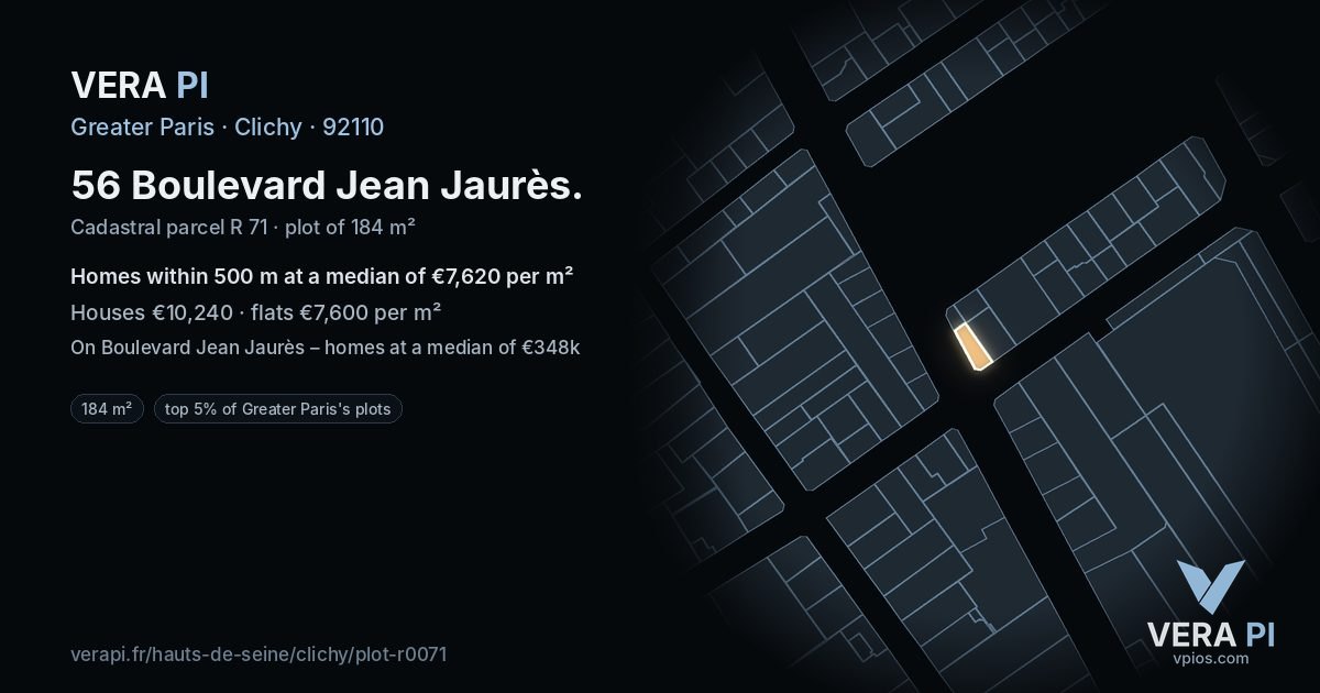 56 Boulevard Jean Jaurès, Clichy at night – the plot lit, the parcels around coloured by the prices near them