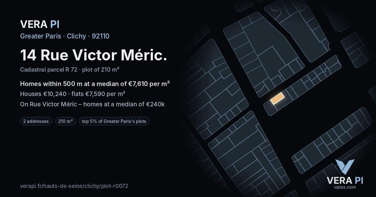 14 Rue Victor Méric, Clichy at night – the plot lit, the parcels around coloured by the prices near them