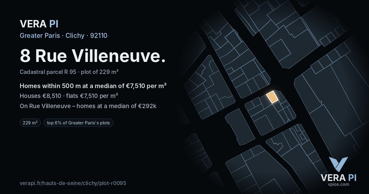 8 Rue Villeneuve, Clichy at night – the plot lit, the parcels around coloured by the prices near them