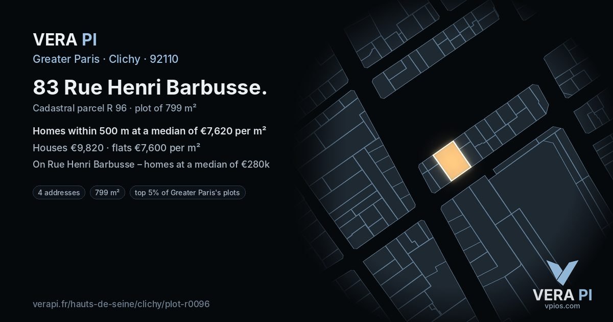 83 Rue Henri Barbusse, Clichy at night – the plot lit, the parcels around coloured by the prices near them