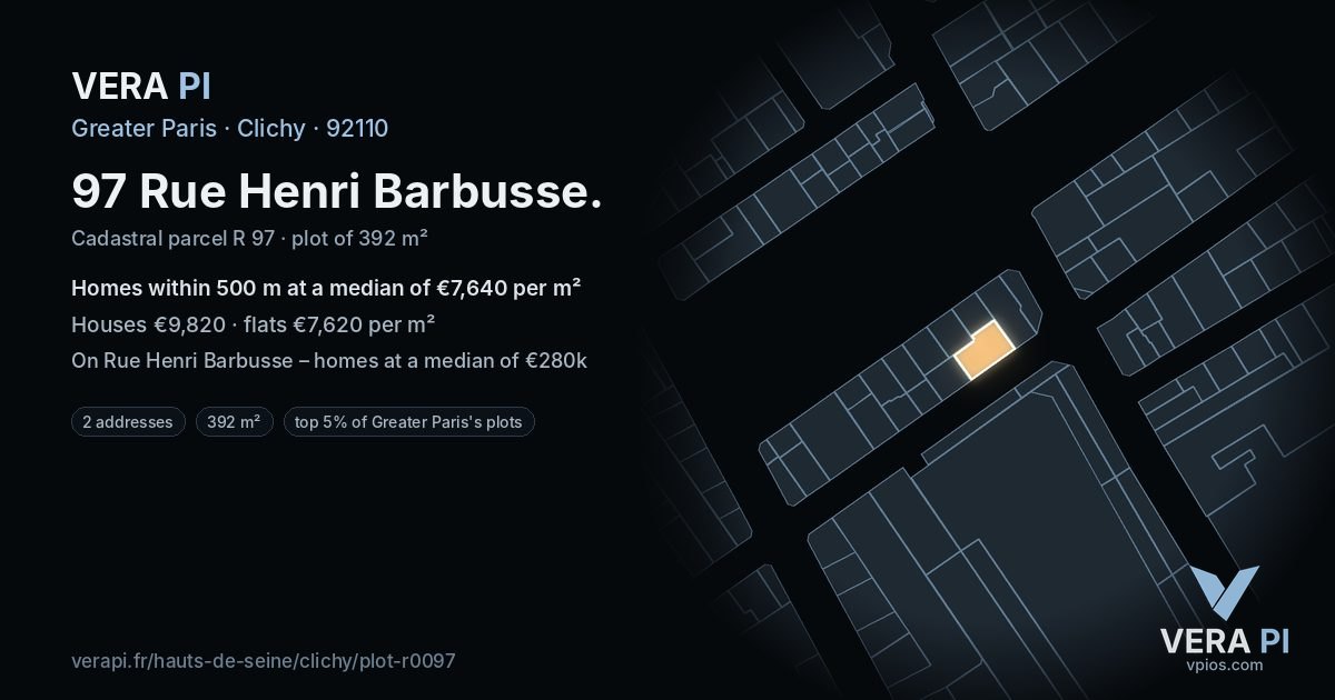 97 Rue Henri Barbusse, Clichy at night – the plot lit, the parcels around coloured by the prices near them