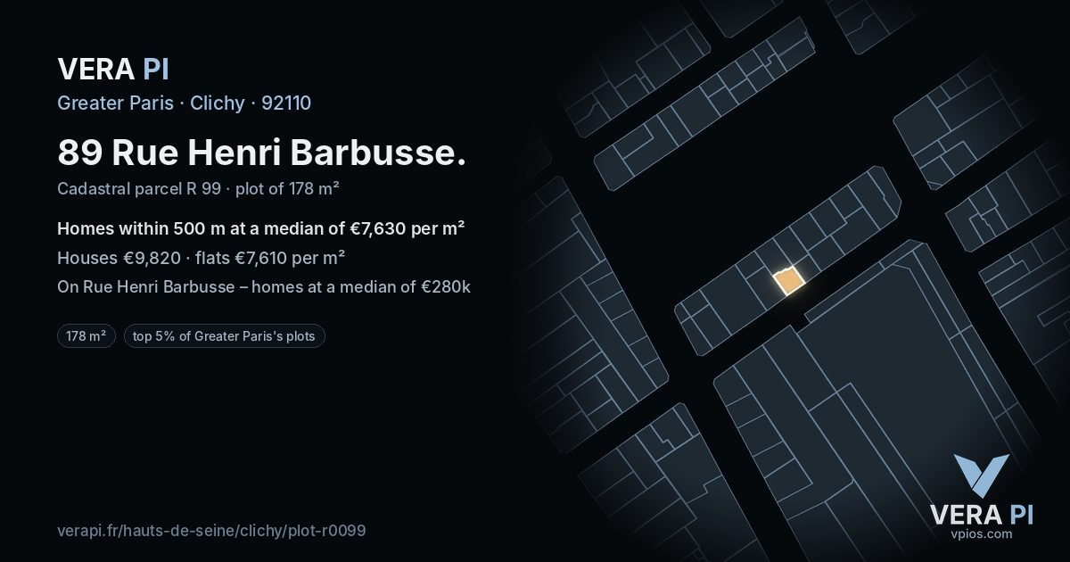 89 Rue Henri Barbusse, Clichy at night – the plot lit, the parcels around coloured by the prices near them