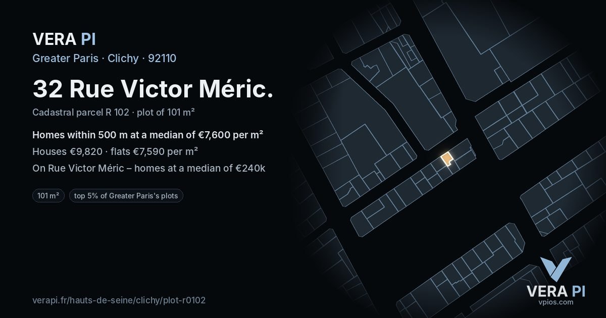32 Rue Victor Méric, Clichy at night – the plot lit, the parcels around coloured by the prices near them