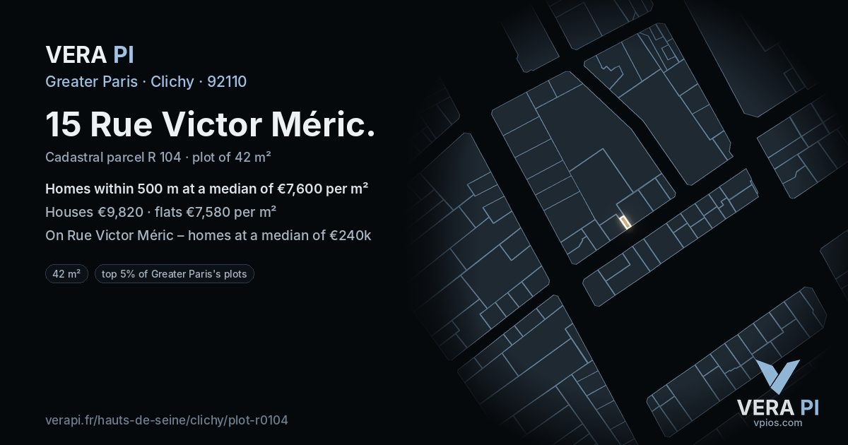 15 Rue Victor Méric, Clichy at night – the plot lit, the parcels around coloured by the prices near them