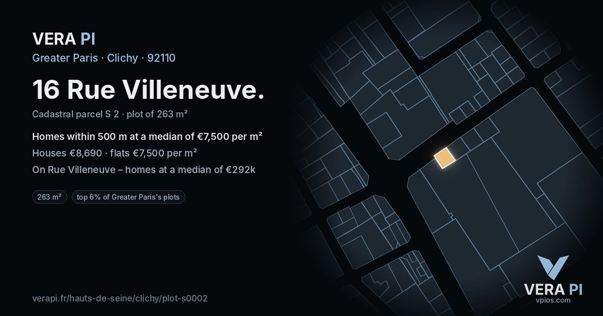 16 Rue Villeneuve, Clichy at night – the plot lit, the parcels around coloured by the prices near them